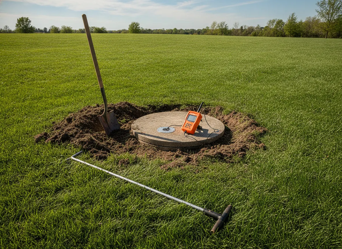 Septic lid uncovered in a lawn with a shovel and probe nearby