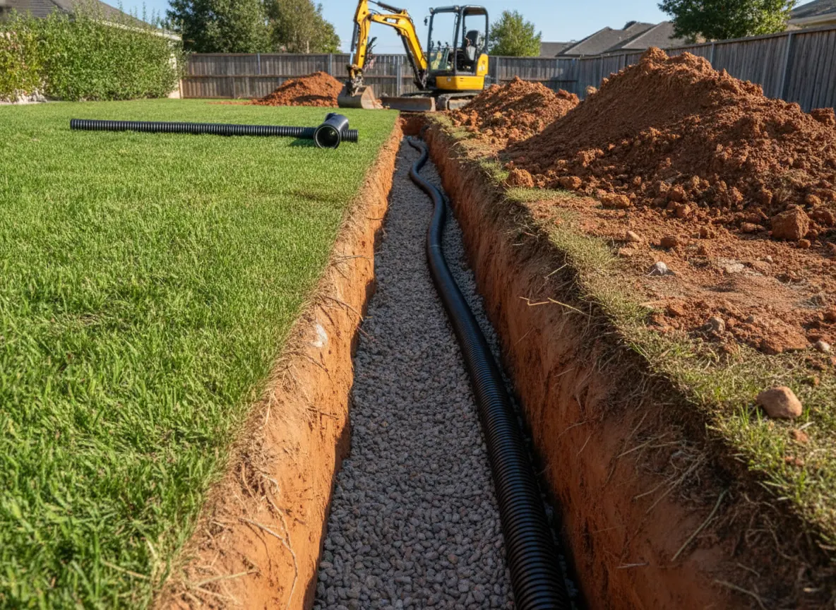 Drain field trench with gravel and perforated pipe in red clay soil